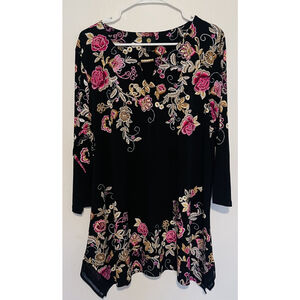 JM Collection Embroidered Tunic Top Womens XL Floral Beaded Pullover Blouse